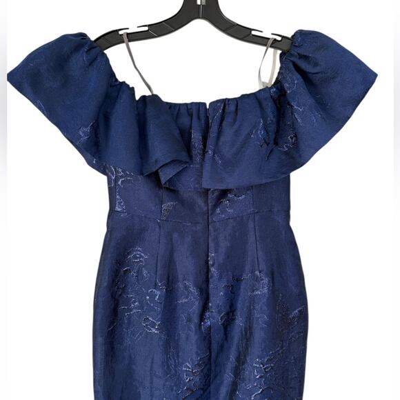 NWOT ML Monique Lhuillier Off-the-Shoulder Ruffle Trim Navy dress - Sz 6 - Picture 8 of 9